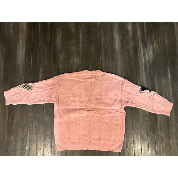 Pink Cable Knit Graphic Patchwork Cardigan Sweater Multi Color Button - Picture 3 of 3